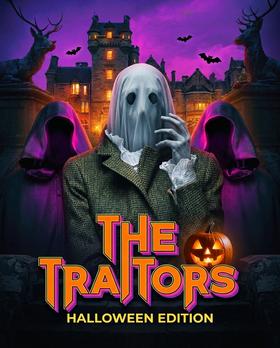 The Traitors Halloween Edition poster with a ghost in a tweed jacket in front of a castle